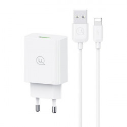 USAMS 18W Mains Charger + Lightning/USB-A Fast Charging Cable White/White Series SC SCXLTZ03