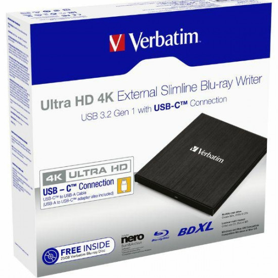 Verbatim External Slimline Blu-ray Ultra HD 4K Writer + USB-C/USB-A Cable Black/Black 43888 Verbatim External Slimline Blu-ray Ultra HD 4K Writer + USB-C/USB-A Cable Black/Black 43888