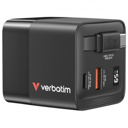 Verbatim GaN 65W Mains Charger 2xUSB-C/USB-A + EU/UK/US Adapter Black 32217