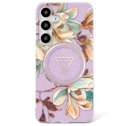 Guess Case Glitter Flowers Triangle Buttons MagSafe for Samsung Galaxy S25 Ultra purple