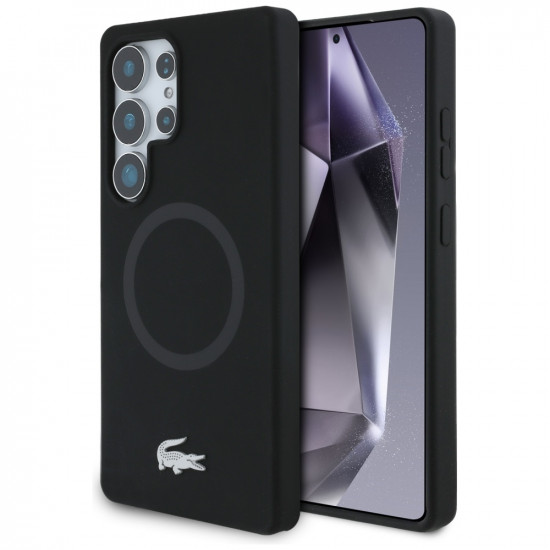 Lacoste Silicone Microfiber Case W/ Silver Croc Logo MagSafe for Samsung Galaxy S25 Ultra black