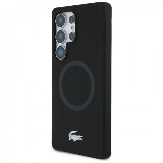 Lacoste Silicone Microfiber Case W/ Silver Croc Logo MagSafe for Samsung Galaxy S25 Ultra black