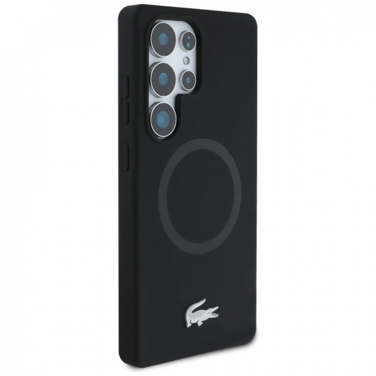 Lacoste Silicone Microfiber Case W/ Silver Croc Logo MagSafe for Samsung Galaxy S25 Ultra black