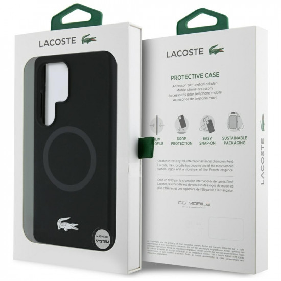 Lacoste Silicone Microfiber Case W/ Silver Croc Logo MagSafe for Samsung Galaxy S25 Ultra black