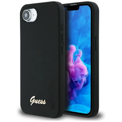 Case Guess Silicone Script Metal Logo MagSafe for iPhone 16e black