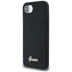 Case Guess Silicone Script Metal Logo MagSafe for iPhone 16e black