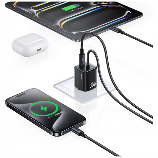 USAMS JC Series CC264 30W GaN Mini Fast Charge 2xUSB-C White Wall Charger USAMS JC Series CC264 30W GaN Mini Fast Charge 2xUSB-C White Wall Charger