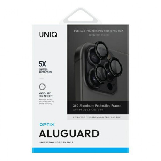 UNIQ Optix Aluminum Camera LensProtector iPhone 16 Pro 6.3" / 16 Pro Max 6.9" midnight black glass