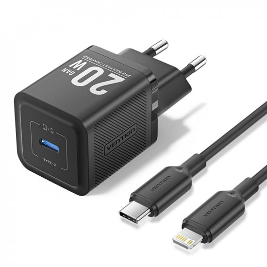 Vention Wall Charger (TZ FEPB0 EU 02) USB C, EU Plug, 20W, GaN, Smart Charging, with Cable USB C to Lightning, 1m Black
