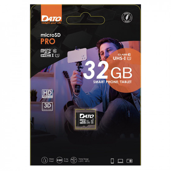 Dato Memory Card Pro (DTTF032GUIC10) Micro SDHC, 32GB, Class 10, Read up to 60MB/s, Write up to 10MB/s Black Dato Memory Card Pro (DTTF032GUIC10) Micro SDHC, 32GB, Class 10, Read up to 60MB/s, Write up to 10MB/s Black