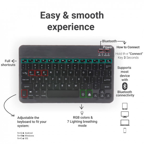 Techsuit  Wireless Keyboard (WK1)  for Android, Windows, iOS, Bluetooth, 3 Brightness Levels, 7 colors, Type C  Black