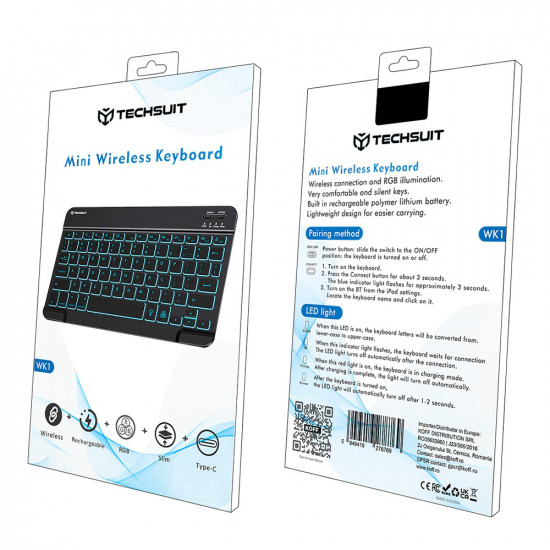 Techsuit  Wireless Keyboard (WK1)  for Android, Windows, iOS, Bluetooth, 3 Brightness Levels, 7 colors, Type C  Black