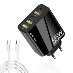 Techsuit  Premium Wall Charger PentaXPower (CHC2)  Type C Cable Included, 3x USB QC 3.0, 2x Type C PD 20W, 65W, 1m  Black