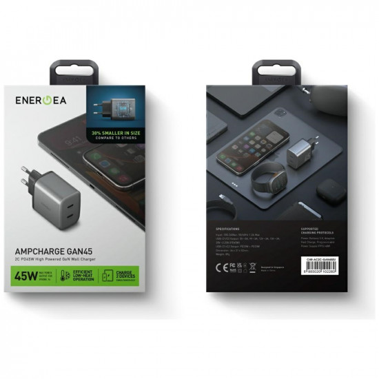 Wall Charger Energea Ampcharge GaN45 2xUSB-C PD/PPS/QC3.0 45W gray