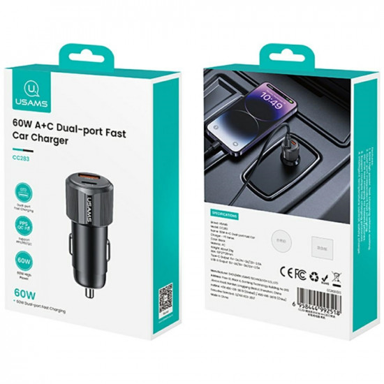 Car Charger USAMS YT Series CC283 60W 1xUSB-A 1xUSB-C black