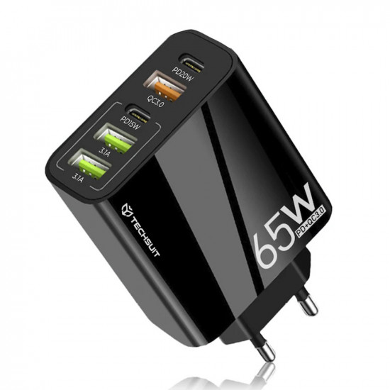 Techsuit  Premium Wall Charger PentaXPower (CHC2)  3x USB QC 3.0, 2x Type C PD 20W, 65W, GaN, Quick Charge  Black