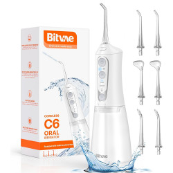 Bitvae  Water Flosser (BVC6)  Larger 300ml Size, with 6 Jet Tips, 3 Modes, 5 Intensities, Rechargeable  White