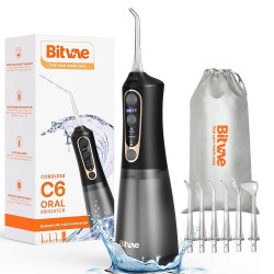Bitvae  Water Flosser (C6)  Larger 300ml Size, with 6 Jet Tips, 3 Modes, 5 Intensities, Rechargeable  Black / Gold