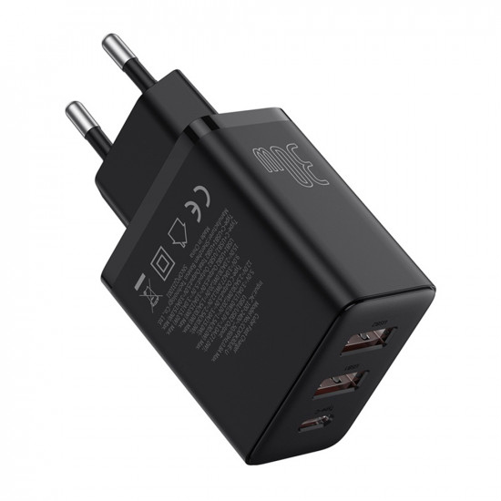 Baseus  Wall Charger (P10111402113 00)  GaN, 2x USB, Type C, Fast Charging, 30W  Cluster Black