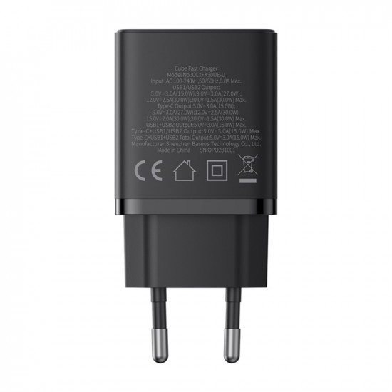 Baseus  Wall Charger (P10111402113 00)  GaN, 2x USB, Type C, Fast Charging, 30W  Cluster Black
