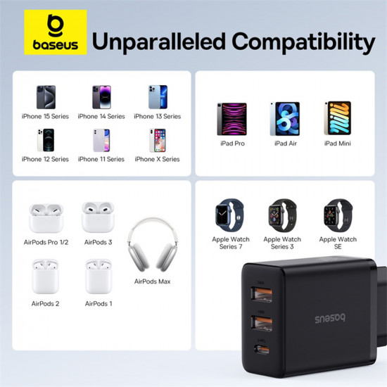 Baseus  Wall Charger (P10111402113 00)  GaN, 2x USB, Type C, Fast Charging, 30W  Cluster Black