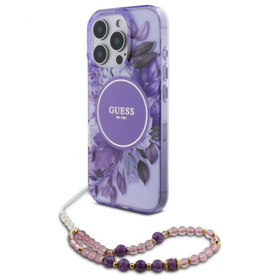 Guess GUHMP16XHFWBRCESU iPhone 16 Pro Max 6.9" fioletowy/purple hardcase IML Flowers With Pearl Strap MagSafe