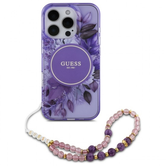 Guess GUHMP16XHFWBRCESU iPhone 16 Pro Max 6.9" fioletowy/purple hardcase IML Flowers With Pearl Strap MagSafe