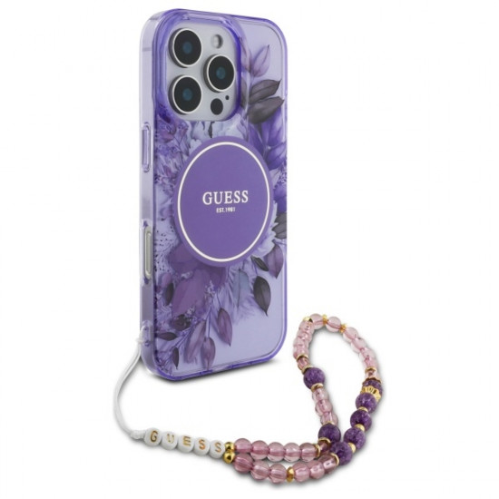 Guess GUHMP16XHFWBRCESU iPhone 16 Pro Max 6.9" fioletowy/purple hardcase IML Flowers With Pearl Strap MagSafe