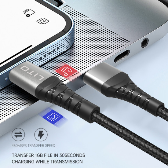 Lito  Data Cable (LD08T)  USB A to Type C, Quick Charging, 2.4A, 2m  Black