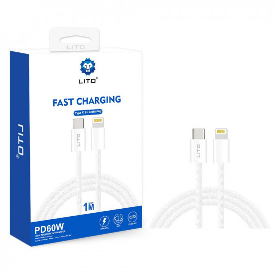 Lito  Data Cable (LD04)  Type C to Lightning Fast Charging PD60W, 1m  White