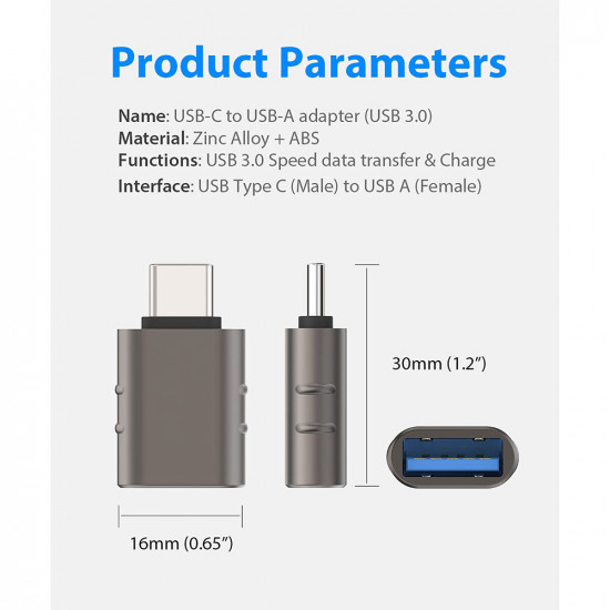 Techsuit  Premium OTG Adapter SlateVolt (A10)  USB 3.0 to Type C, 5Gbps, 3A, Zinc Alloy, Support for Thunderbolt 3  Gray