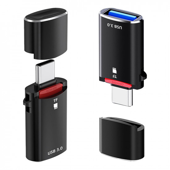 Techsuit  Card Reader AluVoltX (CC1)  2in1, USB3.0 to Type C OTG, TF Memory Card, 3A, Plug&Play, Fast Data Transfer  Black