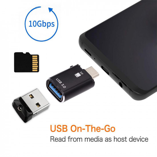 Techsuit  Card Reader AluVoltX (CC1)  2in1, USB3.0 to Type C OTG, TF Memory Card, 3A, Plug&Play, Fast Data Transfer  Black