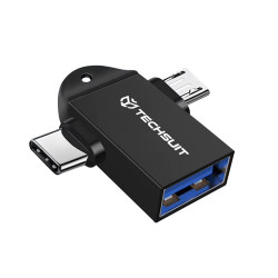 Techsuit  OTG Adapter TwoVoltX (A16)  3in1, USB to Micro USB + Type C, Plug and Play, Aluminum Alloy  Black