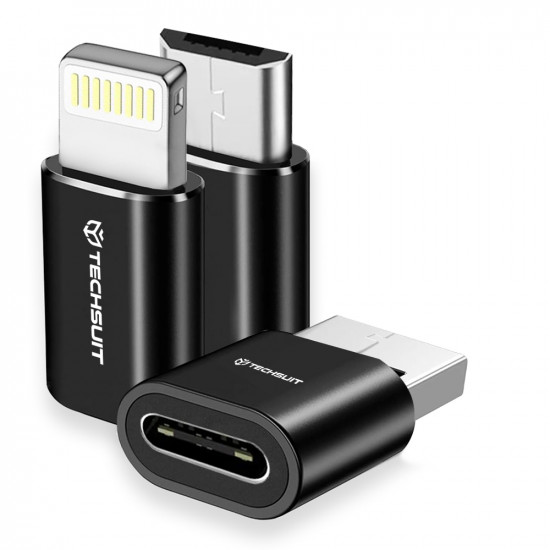 Techsuit  (3 pack) Premium OTG Adapter TriFlashX (A19)  3x Type C to USB/Micro USB/Lightning, Aluminum Alloy  Black