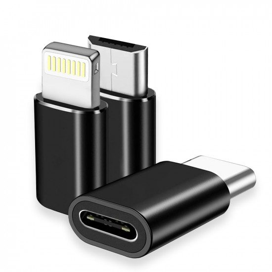 Techsuit  (3 pack) Premium OTG Adapter TriFlashX (A19)  3x Type C to USB/Micro USB/Lightning, Aluminum Alloy  Black