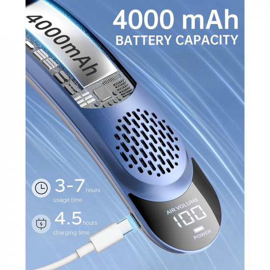 Techsuit  Neck Fan (S8)  Portable, with Digital Display, 3 Wind Speeds, 4000mAh, 7300RPM  Blue