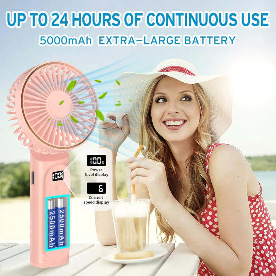Techsuit  Premium Mini Hand Fan (M12)  with LED Digital Display, USB C Rechargeable, 6 Wind Speeds, 5000mAh  White