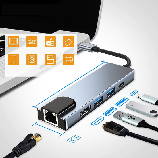 Techsuit  Docking Station NetBridge 5 in 1 (H1)  Type C to 1x USB2.0, 1x USB3.0, 1x Type C, 1x HDMI, 1x RJ45, PD87W, 4K@30Hz  Gray