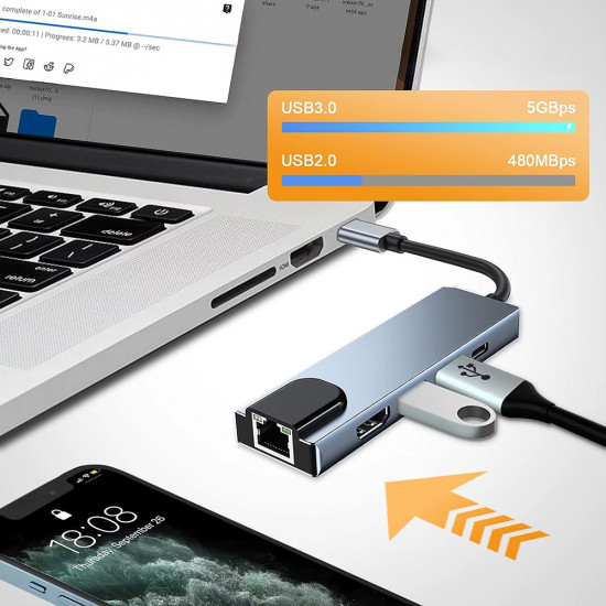 Techsuit  Docking Station NetBridge 5 in 1 (H1)  Type C to 1x USB2.0, 1x USB3.0, 1x Type C, 1x HDMI, 1x RJ45, PD87W, 4K@30Hz  Gray