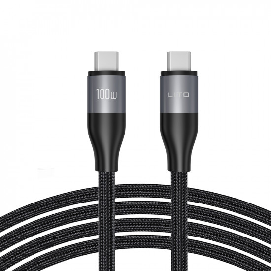 Lito  Data Cable (LD23CC)  Type C to Type C, Fast Charging, Braided Nylon, 100W, 480 Mbps, 1m  Grey
