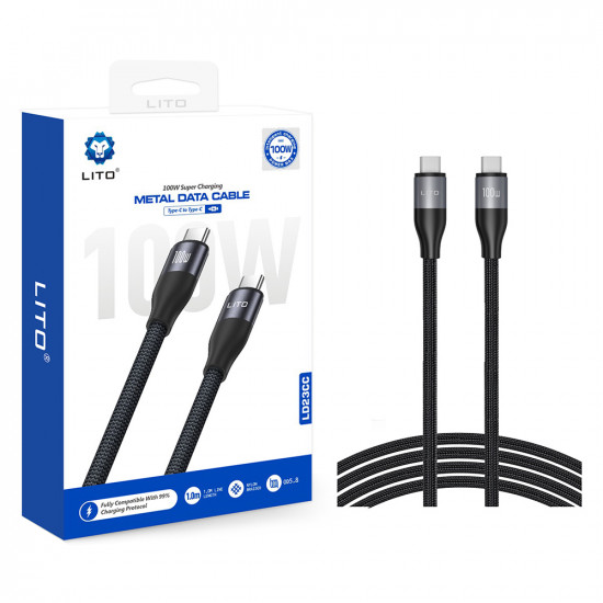 Lito  Data Cable (LD23CC)  Type C to Type C, Fast Charging, Braided Nylon, 100W, 480 Mbps, 1m  Grey