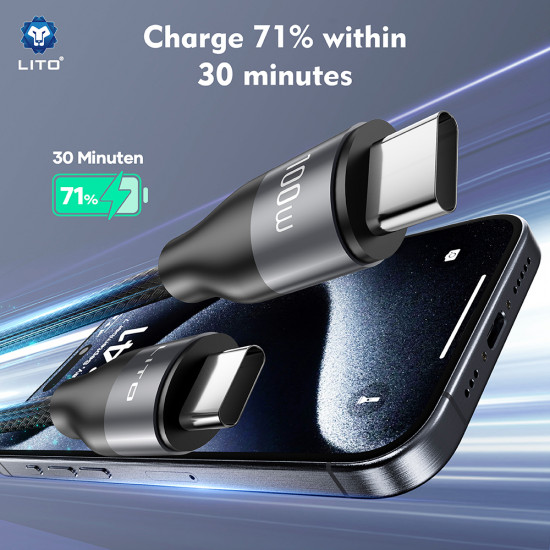 Lito  Data Cable (LD25CC)  Type C to Type C, Fast Charging, Braided Nylon, 100W, 480 Mbps, 2m  Grey