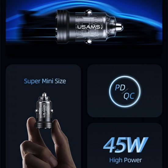 USAMS Car Charger C35 USB+USB-C 45W Fast Charge black CC175CC01 (US-CC175)