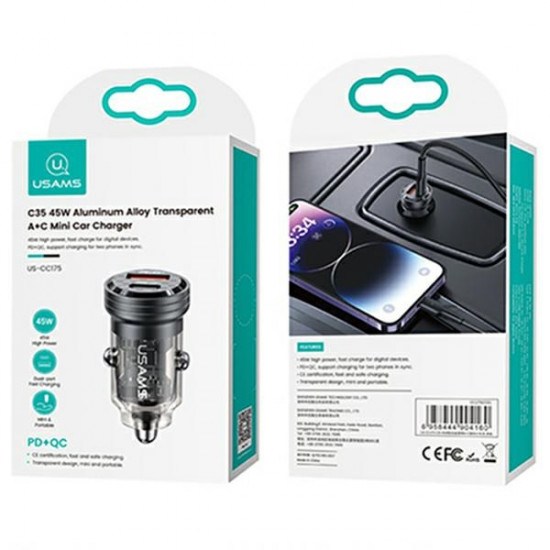 USAMS Car Charger C35 USB+USB-C 45W Fast Charge black CC175CC01 (US-CC175)