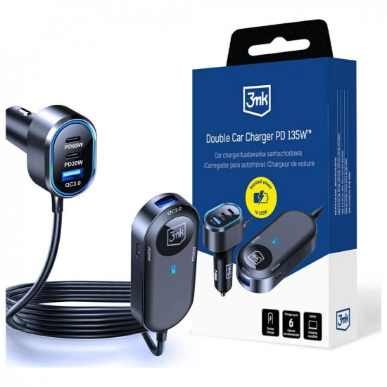 3MK Double Car Charger 135W PD QC PPS 2xUSB-A 4xUSB-C Gray