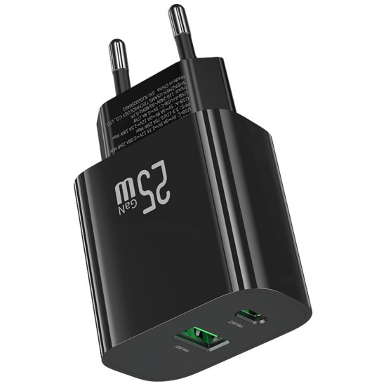 Wall Charger USAMS CC315 T65 25W 1xUSB-C 1xUSB-A Fast Charging black