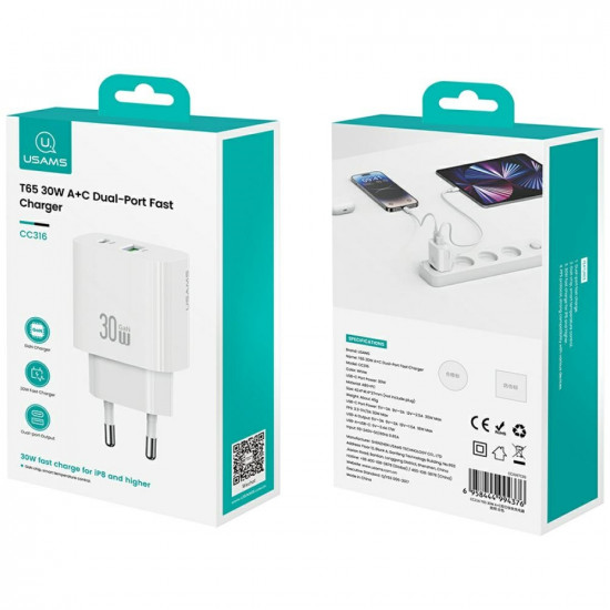 Wall charger USAMS CC316 T65 30W 1xUSB-C 1xUSB-A Fast Charging white