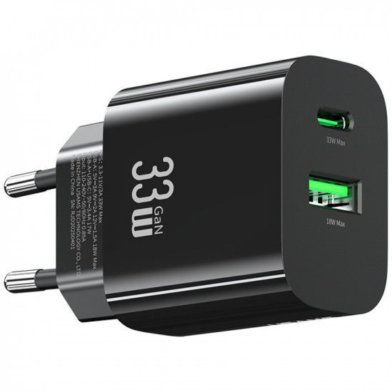 Wall Charger USAMS CC317 T65 33W 1xUSB-C 1xUSB-A Fast Charging black Wall Charger USAMS CC317 T65 33W 1xUSB-C 1xUSB-A Fast Charging black