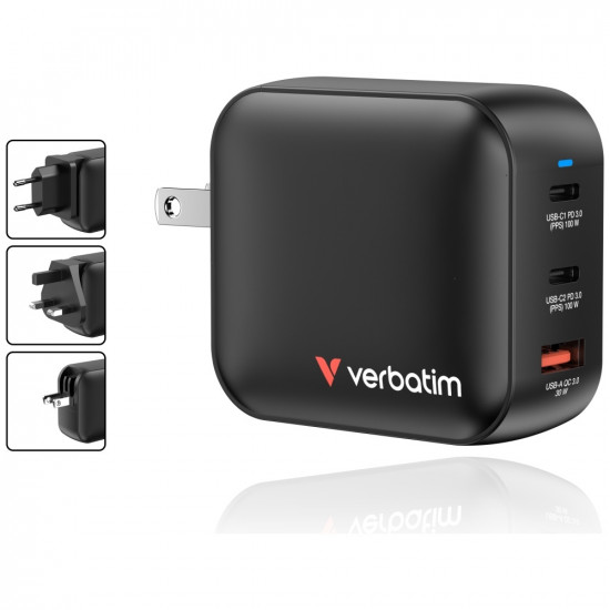 Wall Charger Verbatim Mini GaN 100W 2xUSB-C PD/1x USB-A QC black 32230